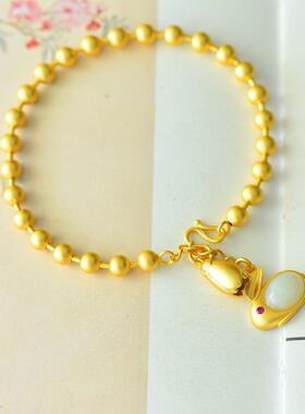 925银镶和田玉福兔报喜素银珠手链2025新款玉珠女款手串金珠子