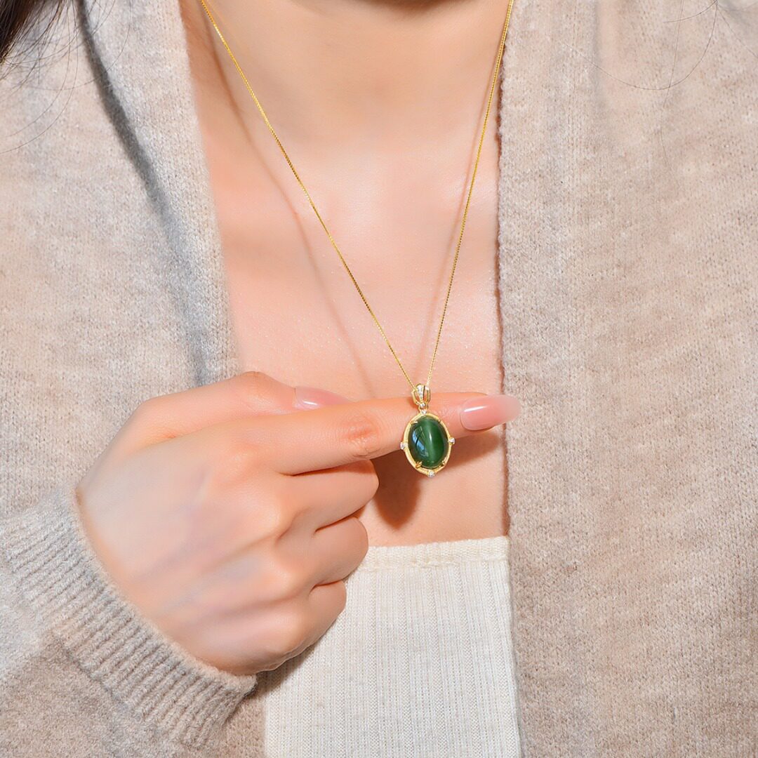 S925银和田玉碧玉猫眼吊坠玉石颈饰天然石气质圆形女士新年过年