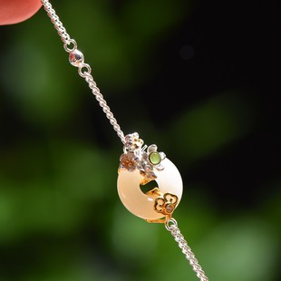 S925银镶嵌和田玉平安环白加绿配锆石手链时尚和田玉手链手饰新款