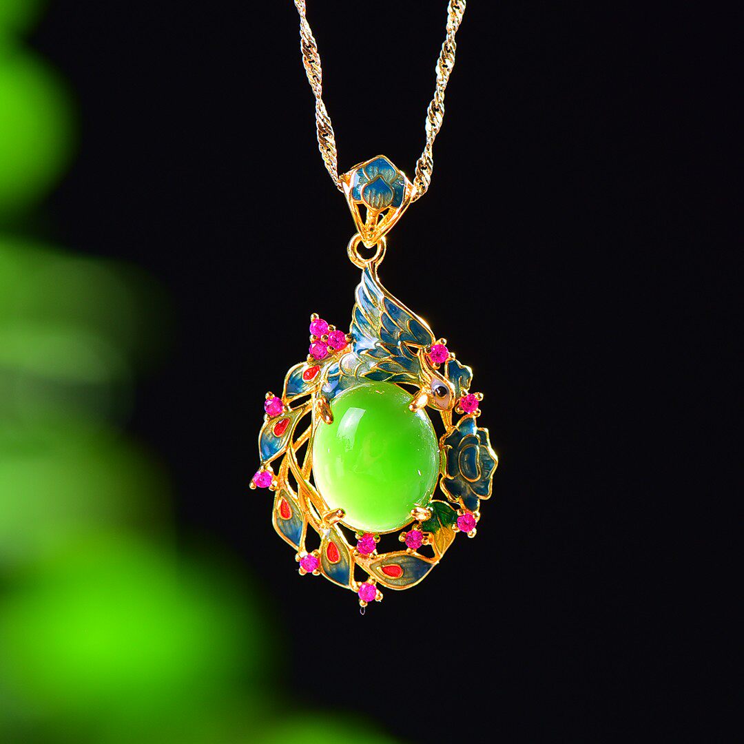 S925银镶嵌和田玉碧玉蛋面珐琅配紫锆吊坠16114