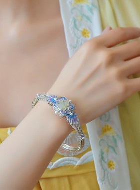 s925银镶嵌和田玉白玉珐琅彩葫芦手镯珐琅彩手镯女士手镯和田玉