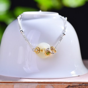 S925银镶嵌和田玉平安环白加绿配锆石手链福气平安环如意如意福气