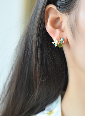 S925银镶和田玉碧玉圆鼓面珐琅花朵耳钉耳坠耳饰女士新款17146