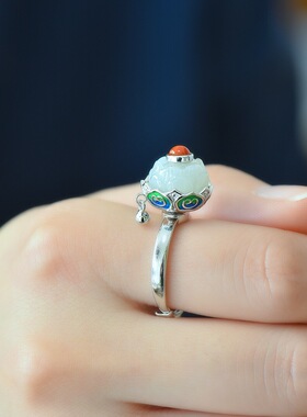 s925银镶嵌和田玉珐琅莲蓬戒指活口玉饰品白玉女士莲花精美9502