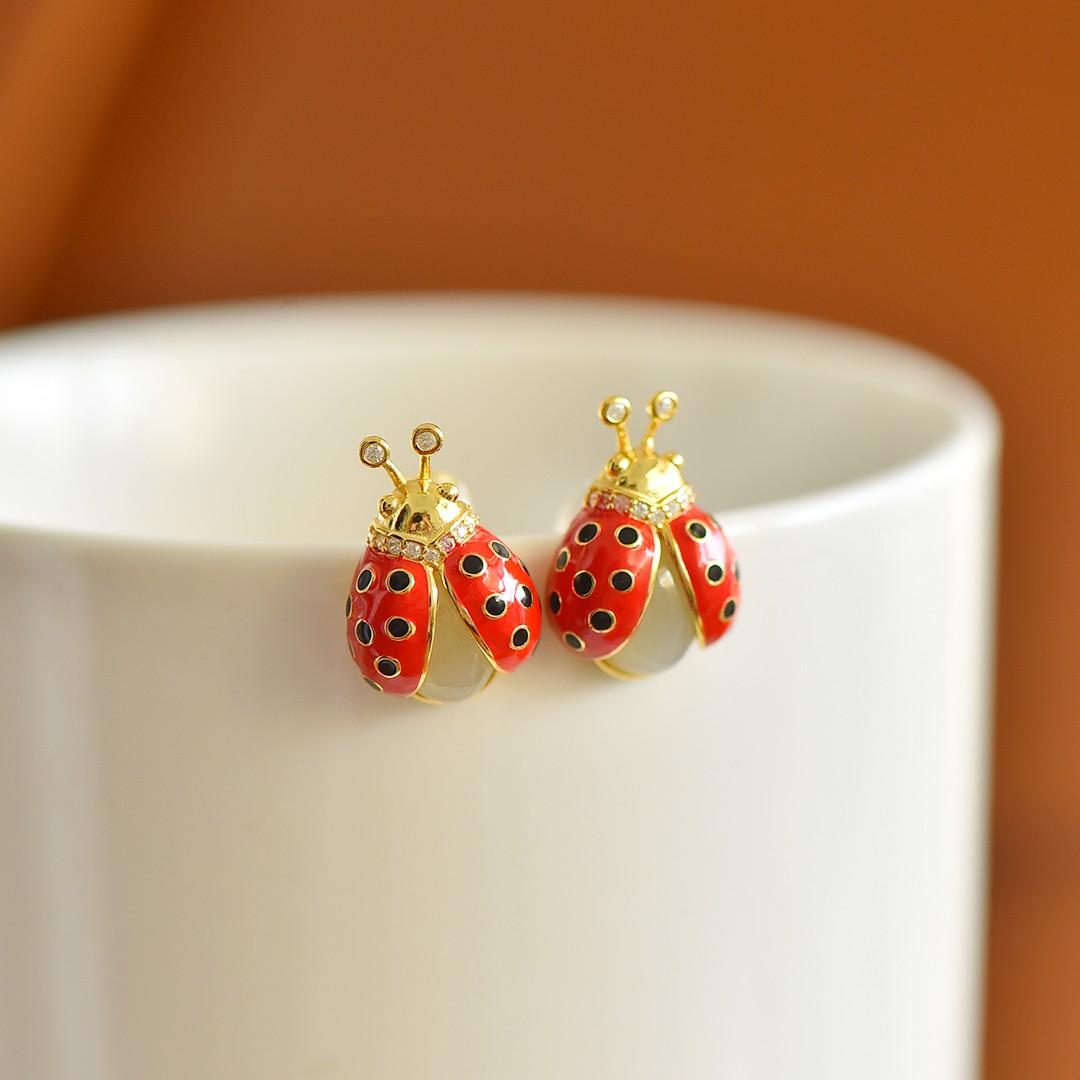 s925银镶和田玉蛋面七星瓢虫耳钉耳坠凤虫凤虫满天星礼物凤虫呈祥