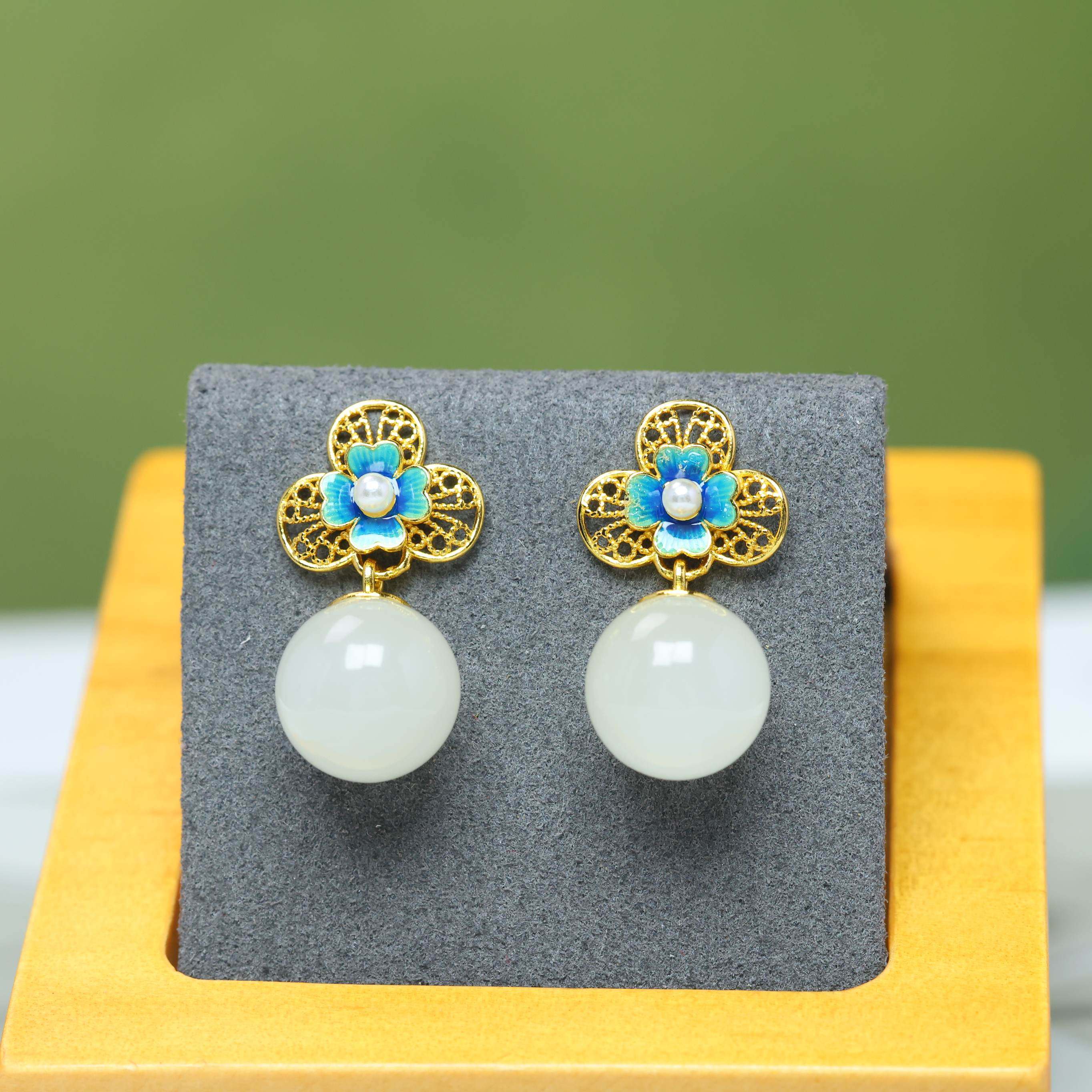 S925银镶嵌和田玉10厘珠珐琅耳坠,珠宝/钻石/翡翠,耳饰,淘宝优惠券,粉丝福利购,淘宝优惠卷