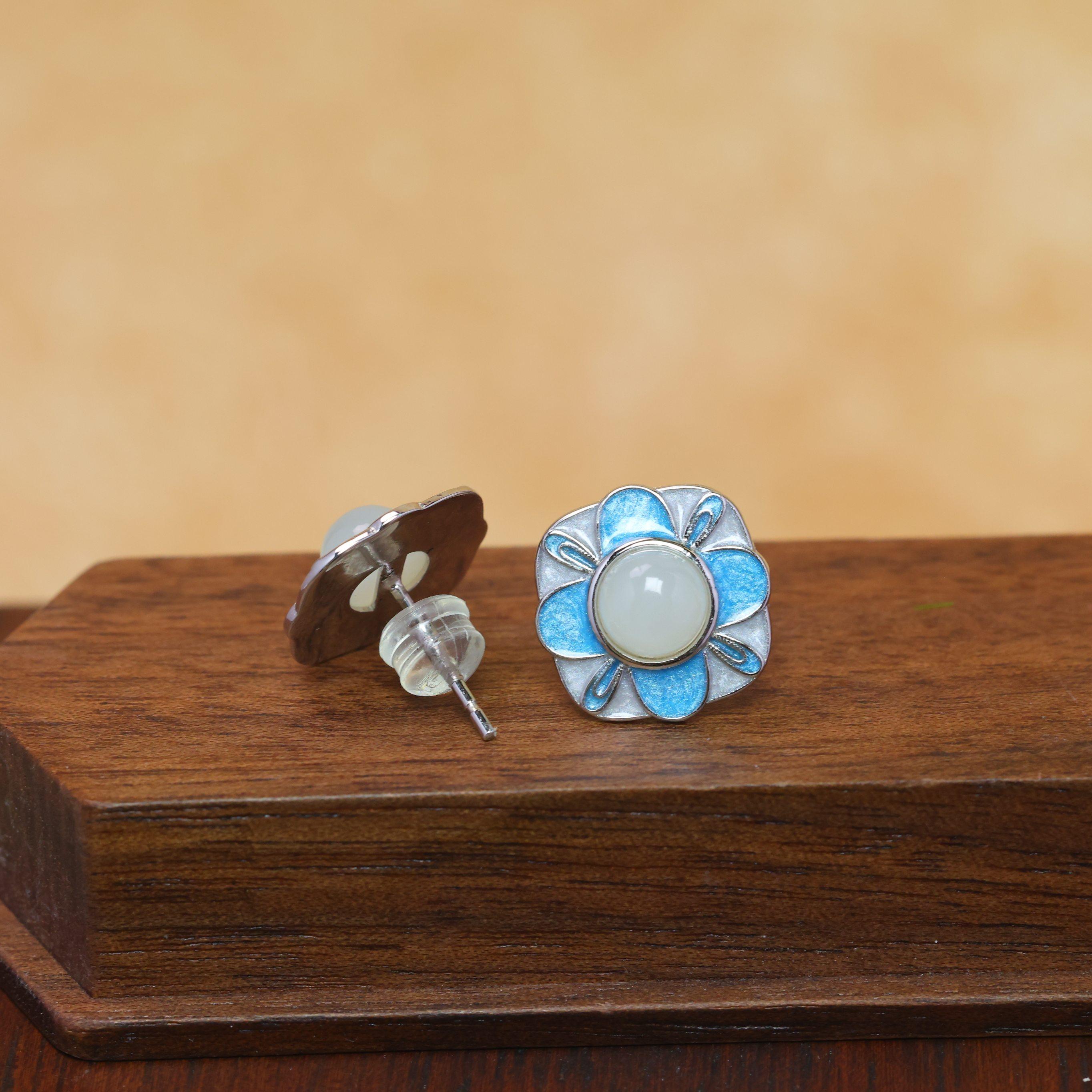 s925银镶和田玉圆鼓面珐琅耳钉,珠宝/钻石/翡翠,耳饰,淘宝优惠券,粉丝福利购,淘宝优惠卷