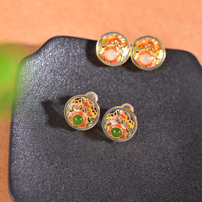 S925银镶嵌和田玉圆蛋面珐琅耳钉古风女士耳夹耳饰镂空白玉7859