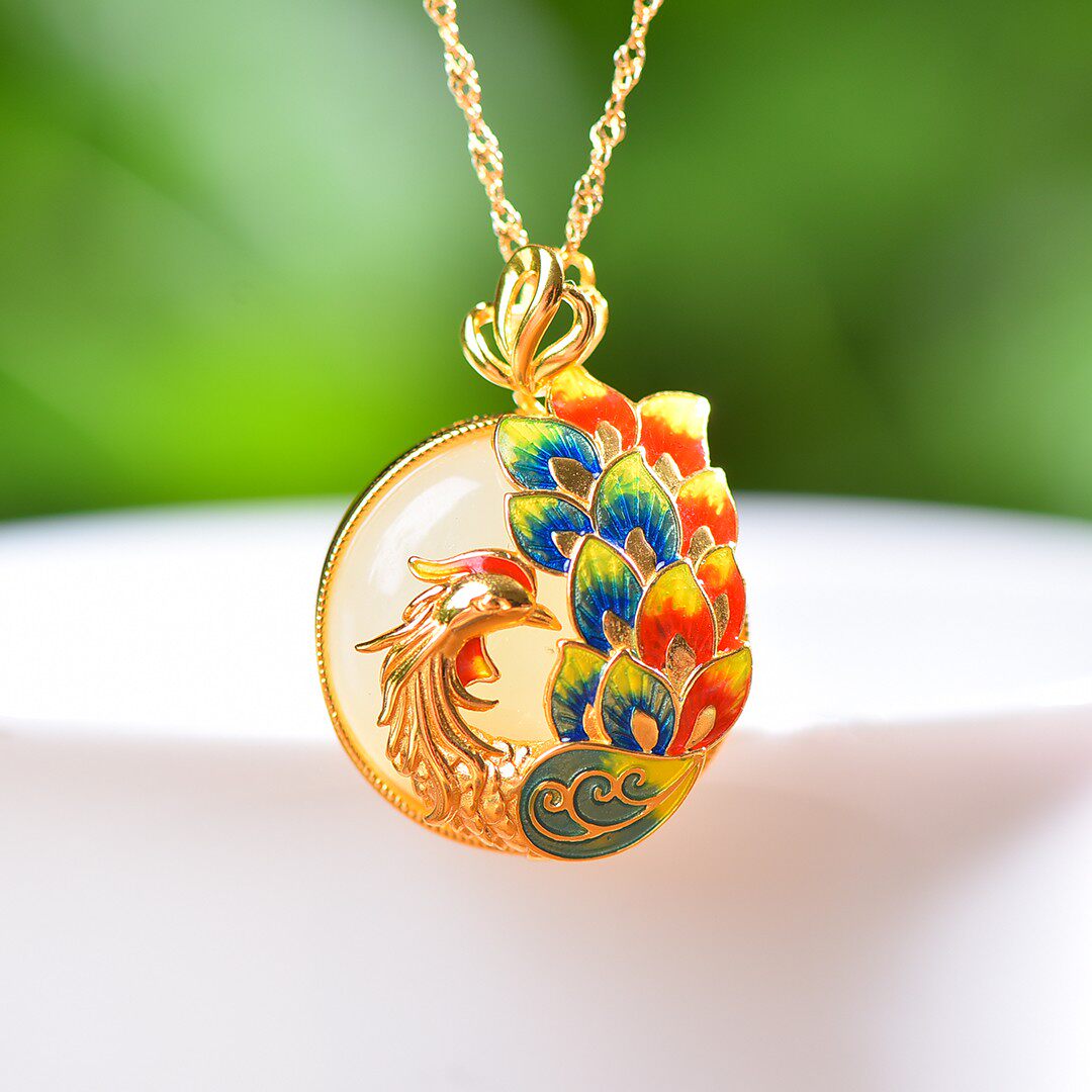 S925银镶嵌和田玉圆鼓面珐琅孔雀吊坠中国风挂件颈饰白玉高档0128