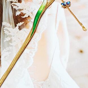 银镶国风发簪女款和田玉花朵银镶嵌玉石珐琅流苏盘头步摇送女朋友