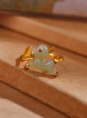 S925银镶嵌和田玉前兔无量配红锆戒指女款珐琅指环古风礼物9001