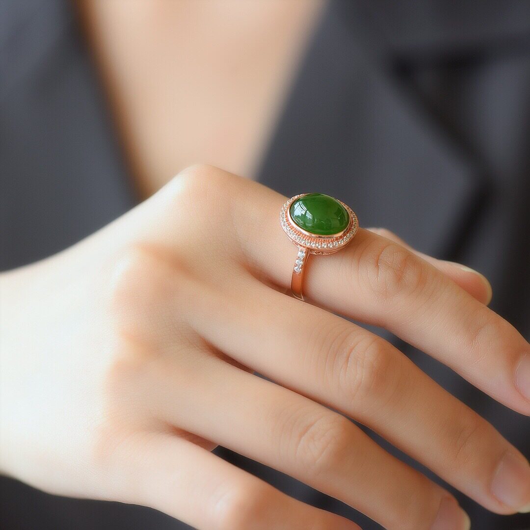 925银镶和田玉碧玉蛋面戒指椭圆形天然手饰高品质玫瑰金饰品11010
