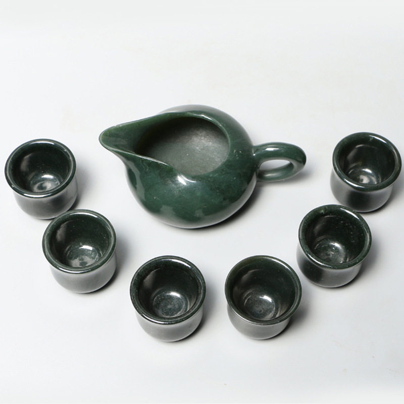 高档玉石双茶壶礼品摆件特价新疆和田玉A货精工玉雕茶具套装