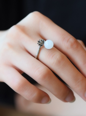 S925银镶嵌和田玉8厘白玉珠戒指