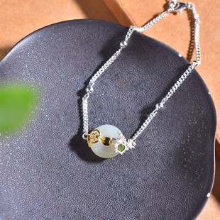 S925银镶嵌和田玉平安环白加绿配锆石手链手串玉石玉石配饰精致