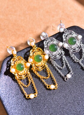 S925银镶嵌和田玉碧玉蛋面配珍珠耳坠17053