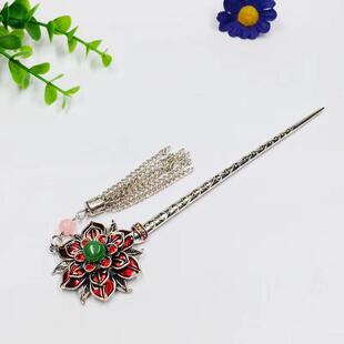 s925银流苏复古和田玉碧玉女纯银镀金镶嵌玉石发饰古风汉服簪子