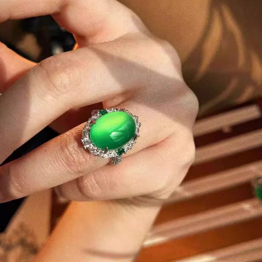 天然冰种绿玉髓戒指女款开口可调节翡翠帝王绿玉石指环高级感女戒