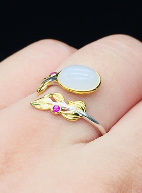 S925银镶和田玉复古蛋面戒指