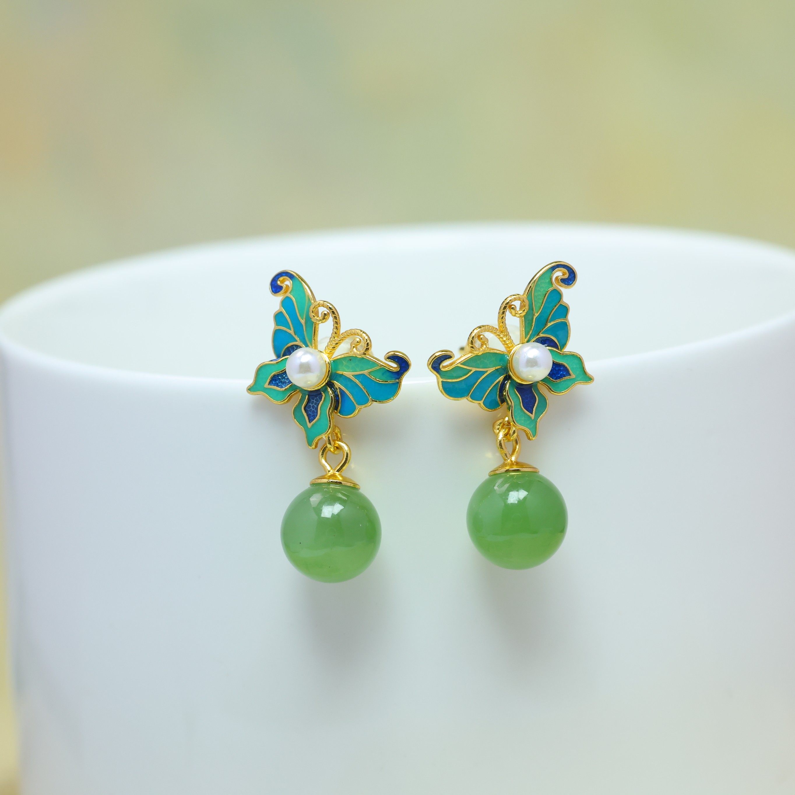 s925银镶和田玉碧玉8厘珠珐琅蝴蝶耳坠,珠宝/钻石/翡翠,耳饰,淘宝优惠券,粉丝福利购,淘宝优惠卷