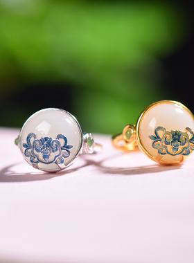 S925银镶嵌和田玉圆蛋面珐琅戒指玉戒指女士精致2025新款开口天然