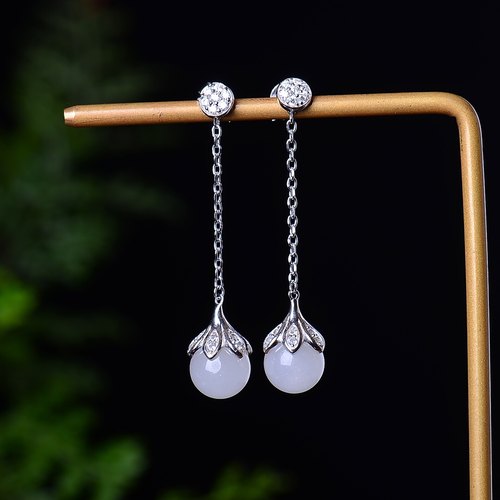 2025新款925银镶天然和田玉8m珠子耳环玉质细腻温润 款式简单大方