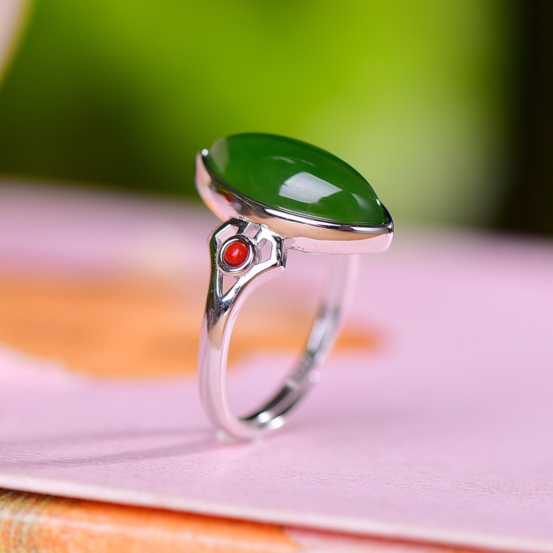 玉戒指s925银镶嵌新疆和田玉碧玉马眼戒指简约气质活口可调指环女