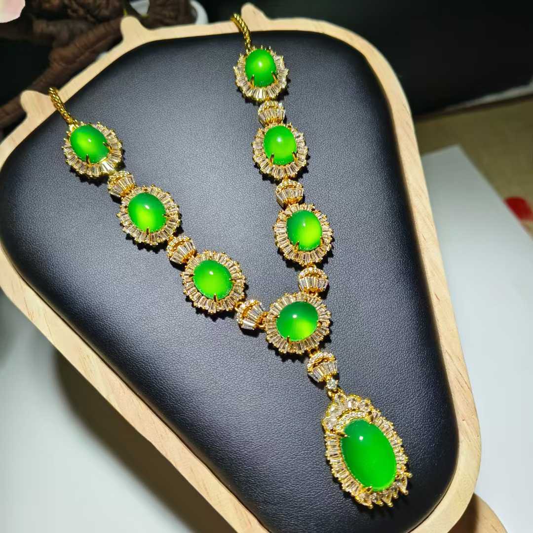 天然冰彩玉髓镶嵌豪华两件套项链耳坠晚宴项链国风