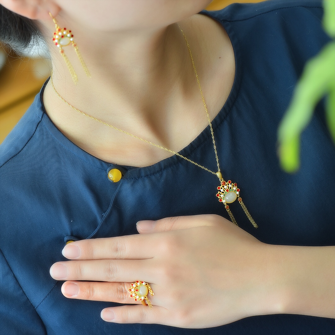 925银镶和田玉三件套装