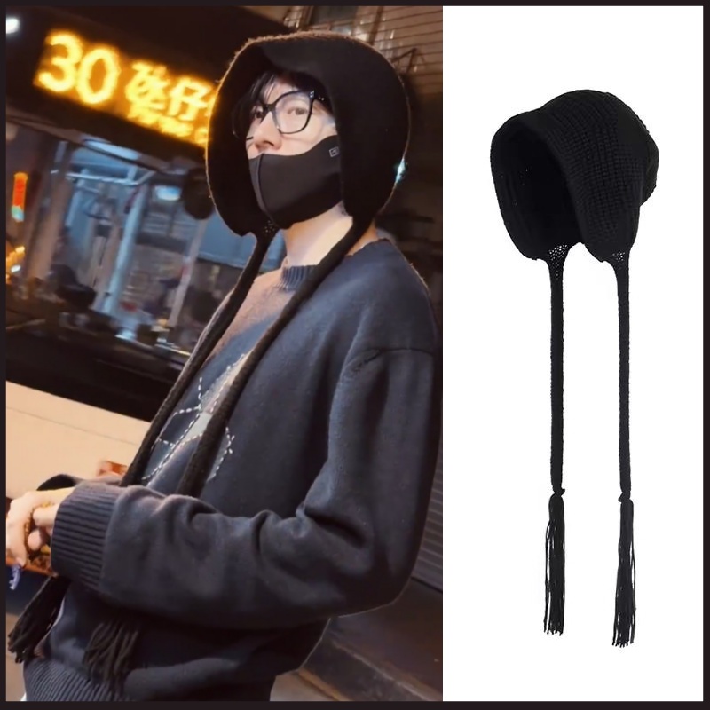 澳门逛街刘宇宁同款帽子黑色长辫子帽针织包头帽秋冬百搭