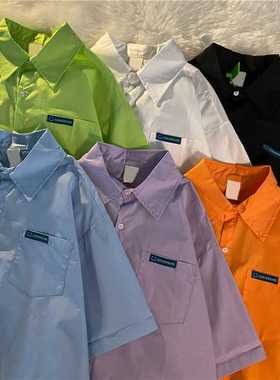 纯色宽松显瘦polo领衬衫紫色慵懒风短袖衬衣气质女日系学院风上衣