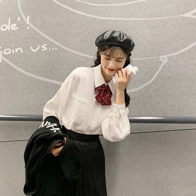 微胖mm白色显瘦衬衣宽松polo领法式红色蝴蝶结少女感网红打底衬衫