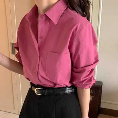 衬衫百搭小众玫红色休闲气质