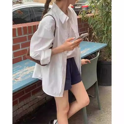 长袖上衣气质白色翻领简约宽松