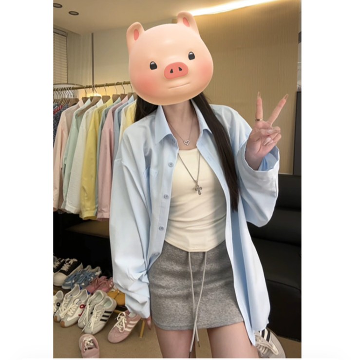 慵懒风翻领长袖衬衫女减龄休闲宽松中长款气质夏季百搭上衣潮