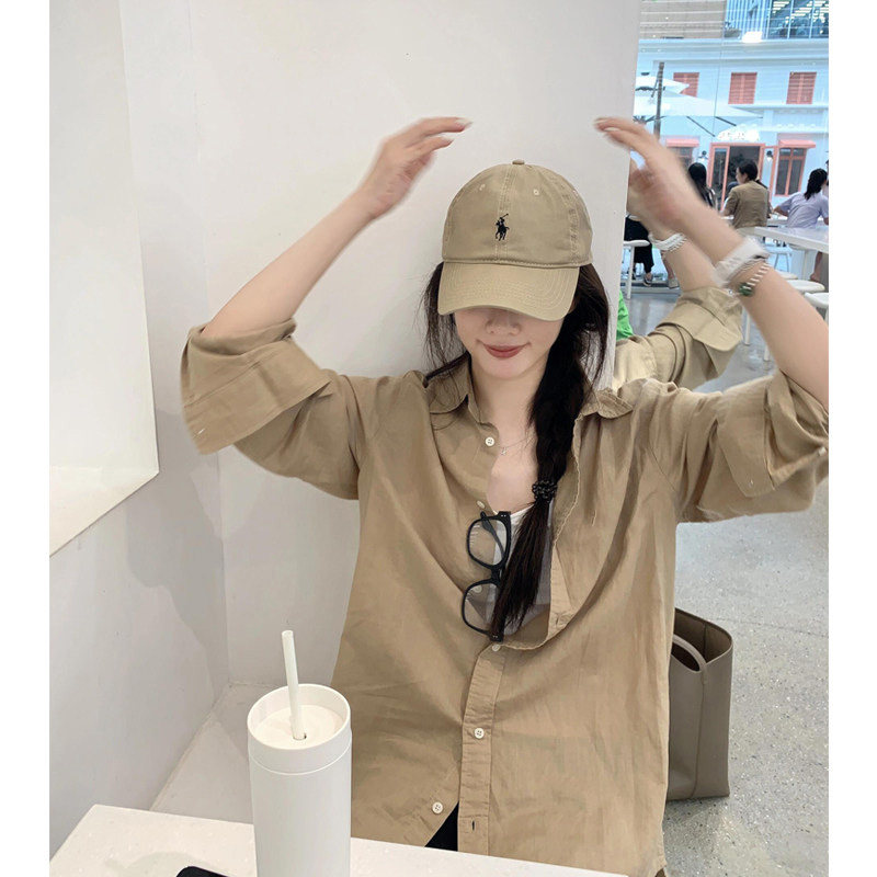 老钱风卡其色韩版独特Polo领衬衫女中长款衬衣罩衫防晒开衫薄款