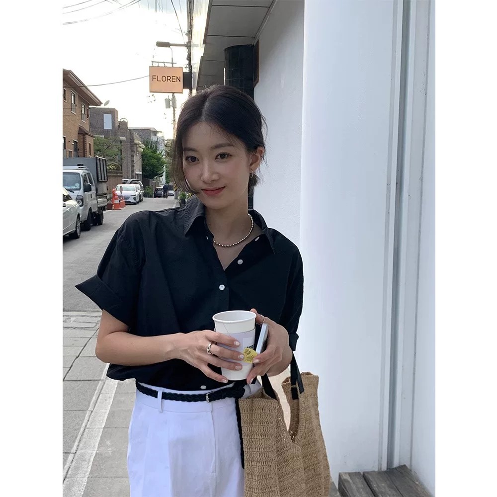 韩版红色短袖衬衫女夏装设计感小众休闲外穿复古衬衣polo领上衣