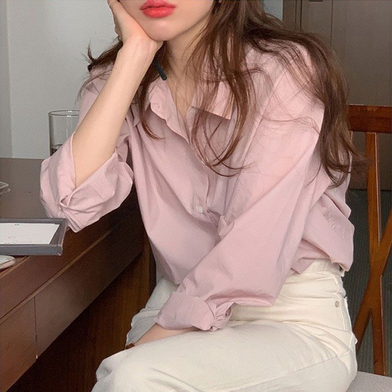 复古高级感藕粉春秋长袖衬衫女慵懒宽松打底衬衣上衣设计感小众