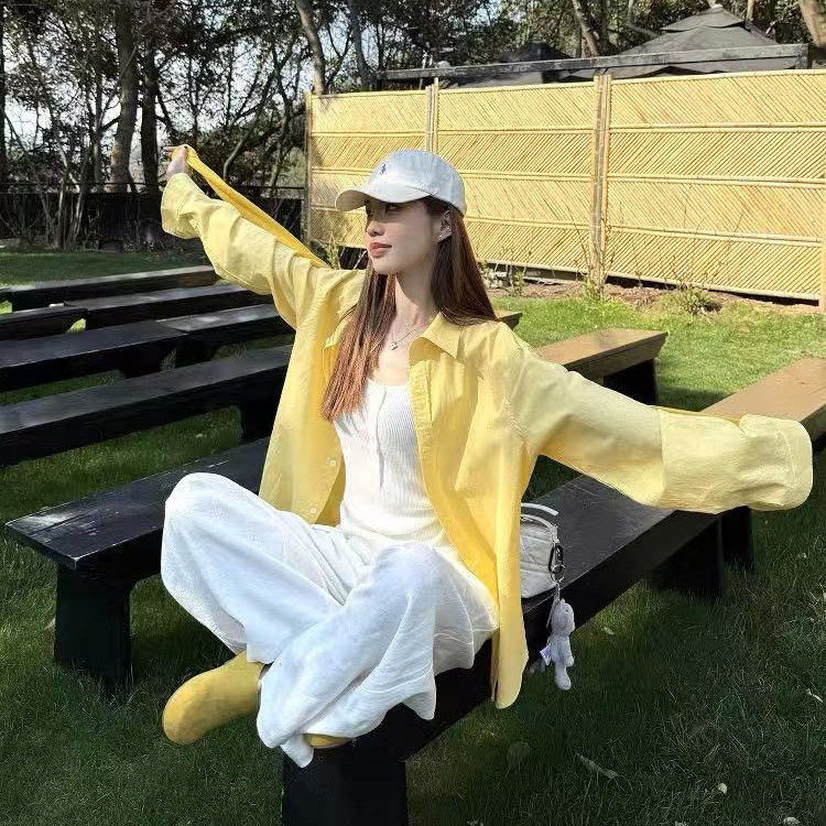 奶黄色衬衫外套女韩版翻领春宽松显瘦长袖衬衣防晒chic多巴胺穿搭