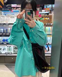 长袖港风衬衫女新款复古气质宽松休闲百搭湖绿色慵懒风纯色简约