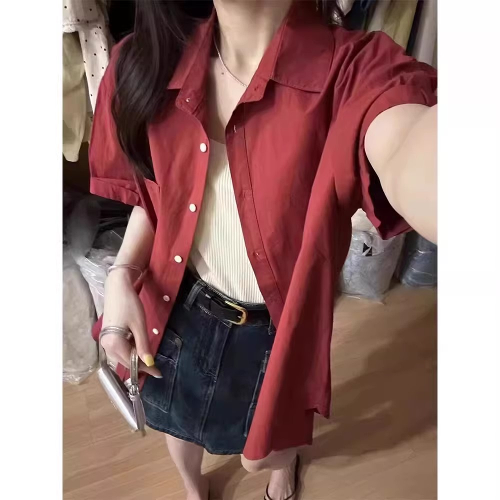 韩系chic宽松红色短袖衬衫女2026夏季慵懒百搭松弛感宽松上衣
