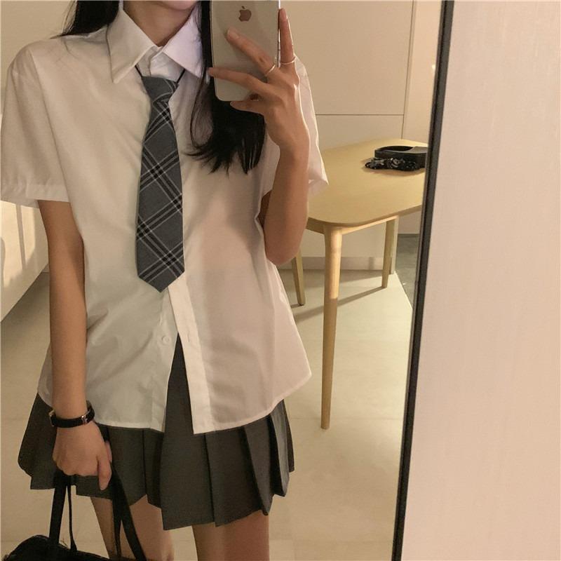 学院风jk领带制服设计感美式纯色百搭韩系短袖学生班服情侣衬衣