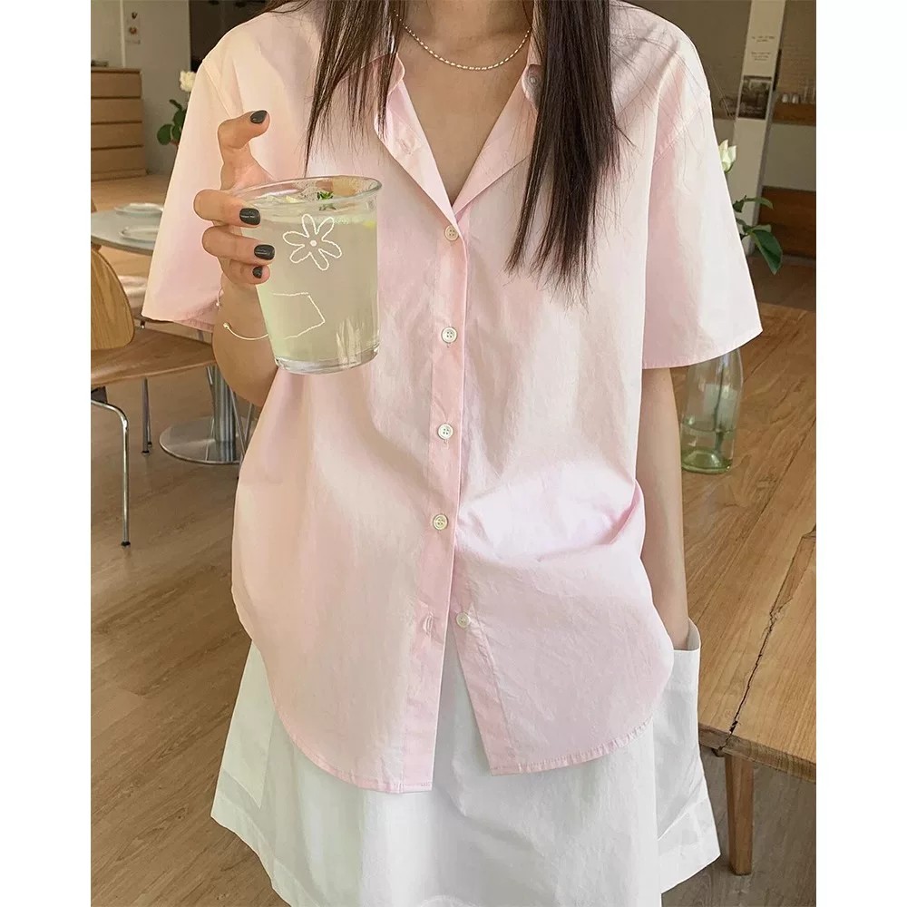 学院风粉色polo领短袖衬衫女甜美设计感百搭小众别致翻领衬衣上衣
