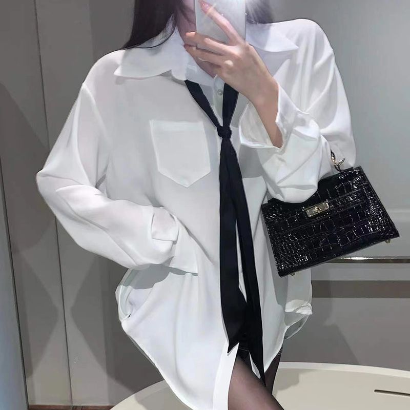 新款高级感垂感学院风白色衬衫女轻熟御姐薄款宽松百搭雪纺开衫