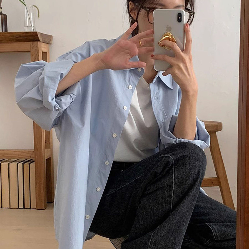 蓝色衬衫女上衣休闲衬衣职业设计感小众叠穿长袖外套打底衫春秋