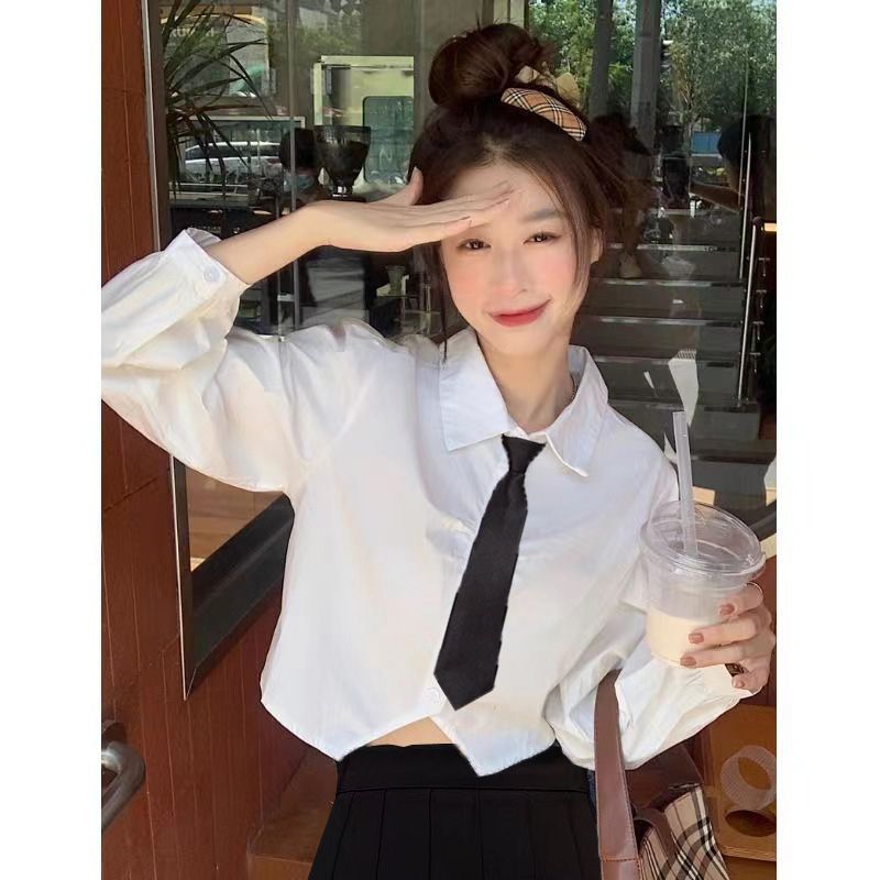 白色衬衫女春夏长袖修身短款衬衣百搭内搭韩版不规则下摆显瘦上衣