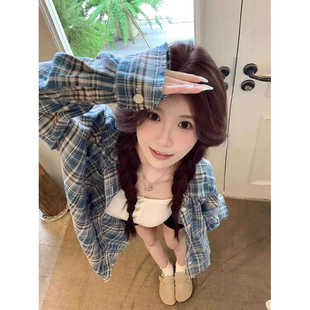 蓝色bm格子衬衫外套女春秋新款韩版宽松长袖美式复古防晒衬衣百搭
