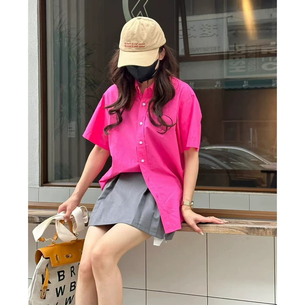 韩国夏季新款宽松百搭玫红色短袖衬衫女显瘦长韩版宽松小众上衣