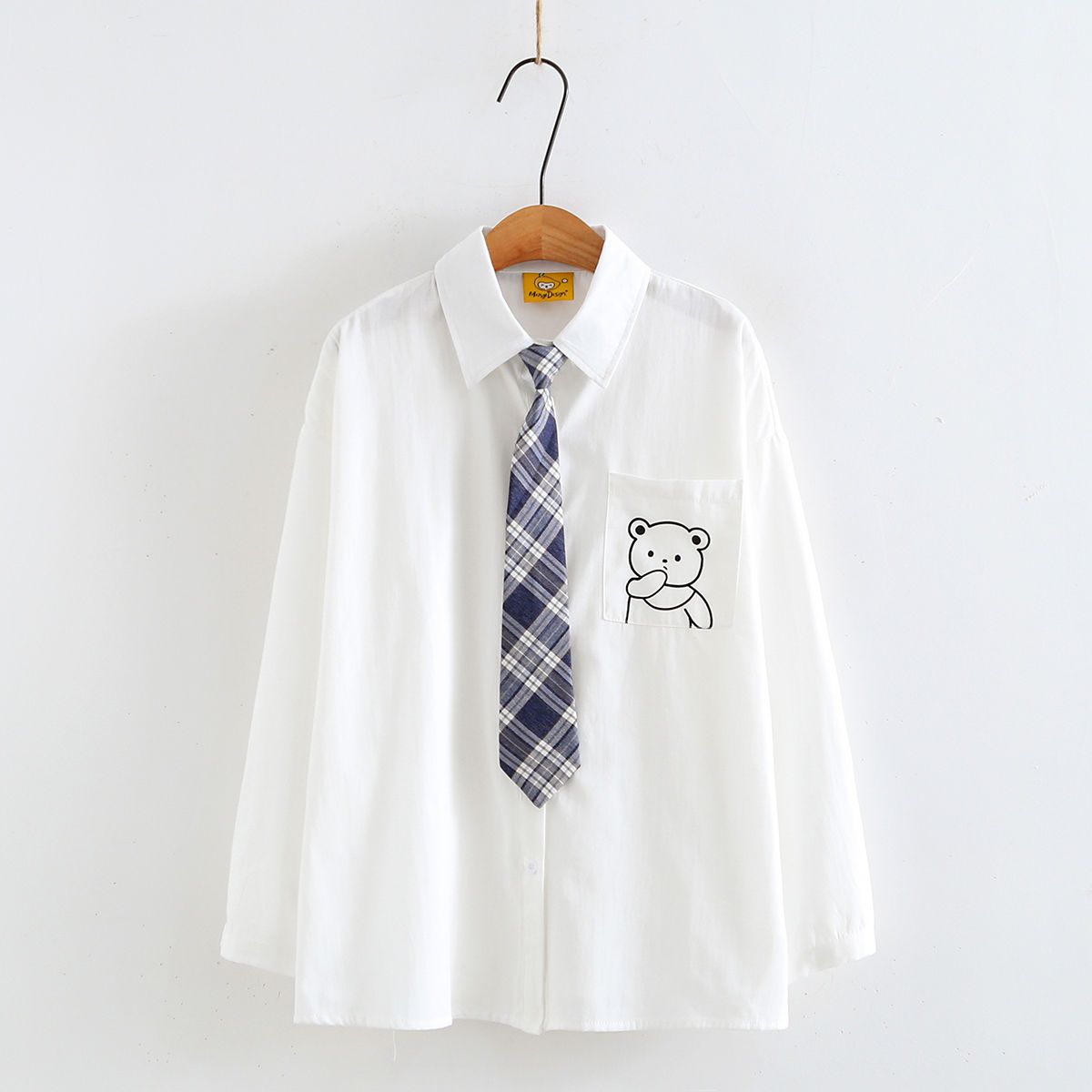 宽松春夏季防晒小熊印花衬衫文艺感洋气polo领上衣日系学院JK制服