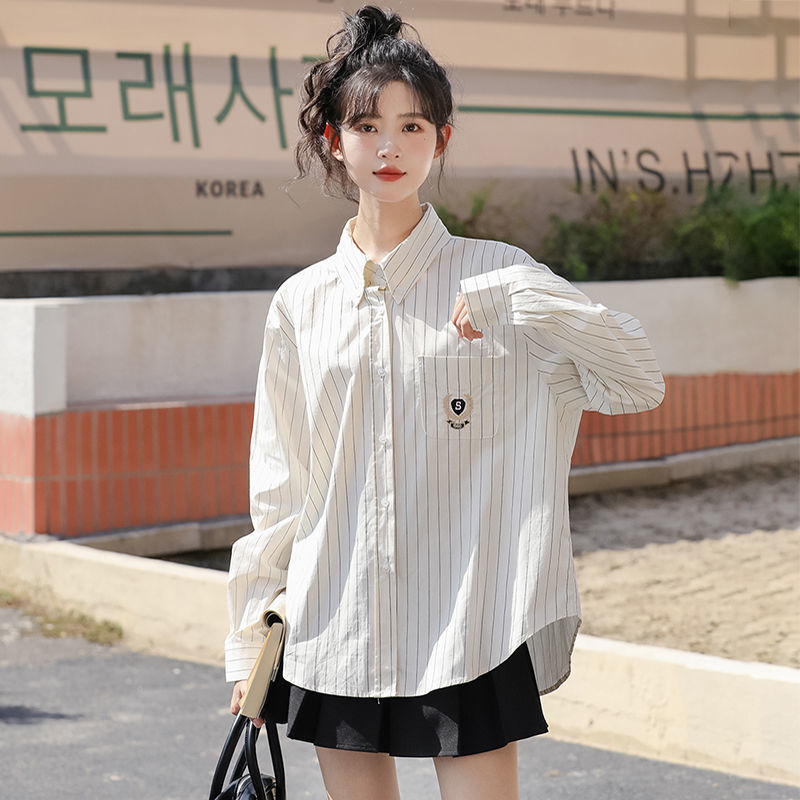 春秋独特别致条纹长袖衬衫女复古港味chic宽松上衣新款刺绣小清新